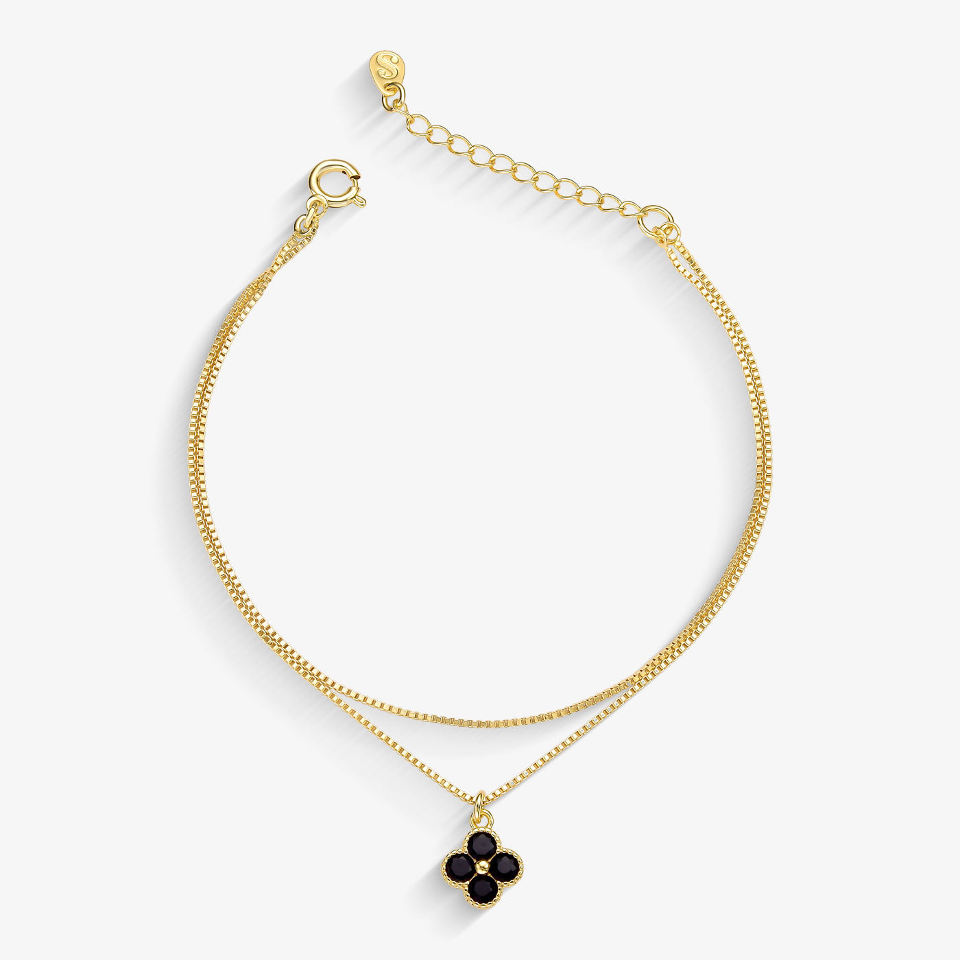 Pulseira Dupla Veneziana Trevo Preto Folheado a Ouro 18k