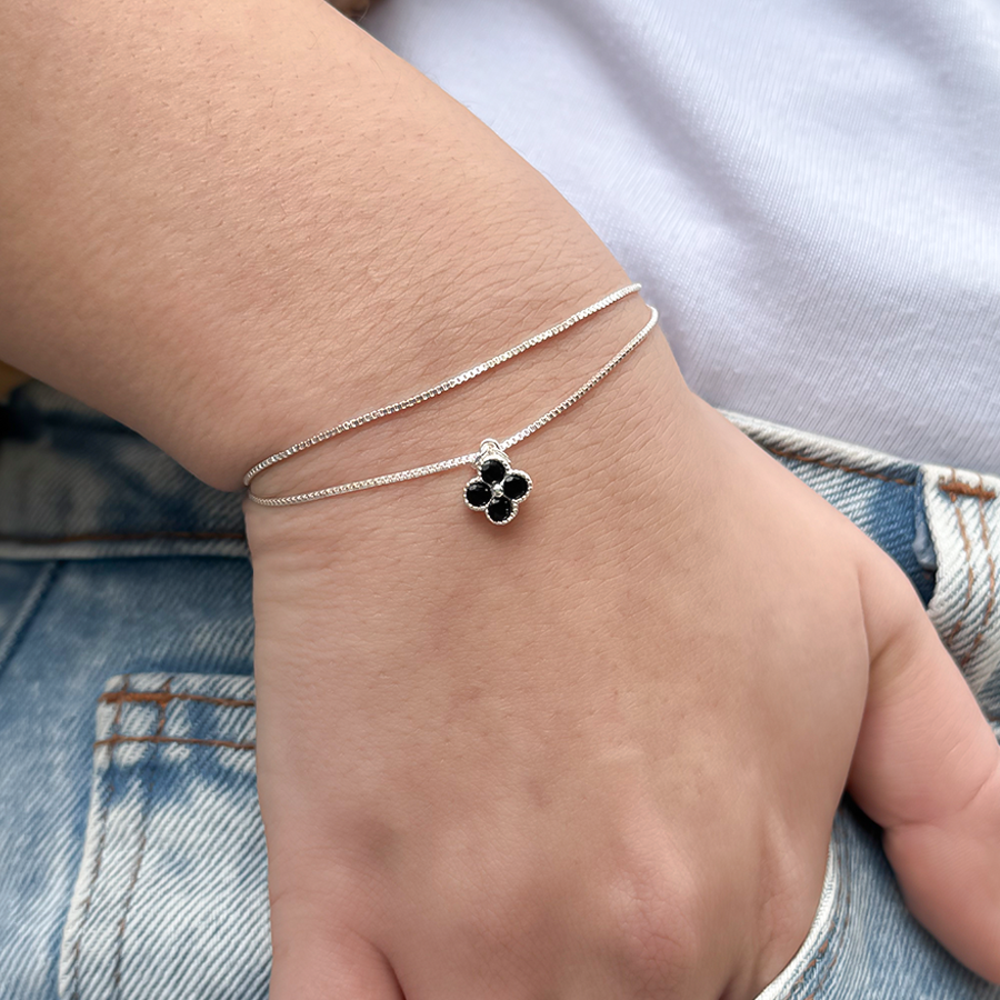 Pulseira Dupla Veneziana Trevo Preto Folheado a Prata