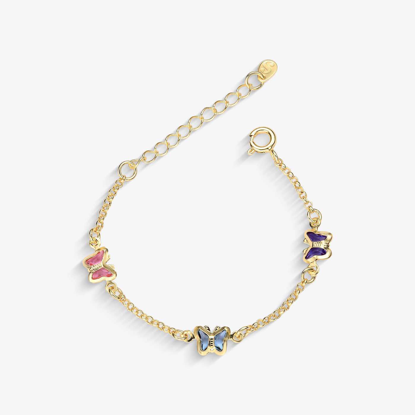 Pulseira Infantil Três Borboletas Coloridas Folheado a Ouro18k