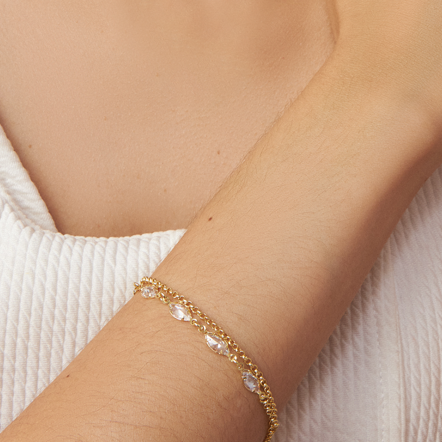 Pulseira Dupla Navetes de Cristal Folheado a Ouro 18k