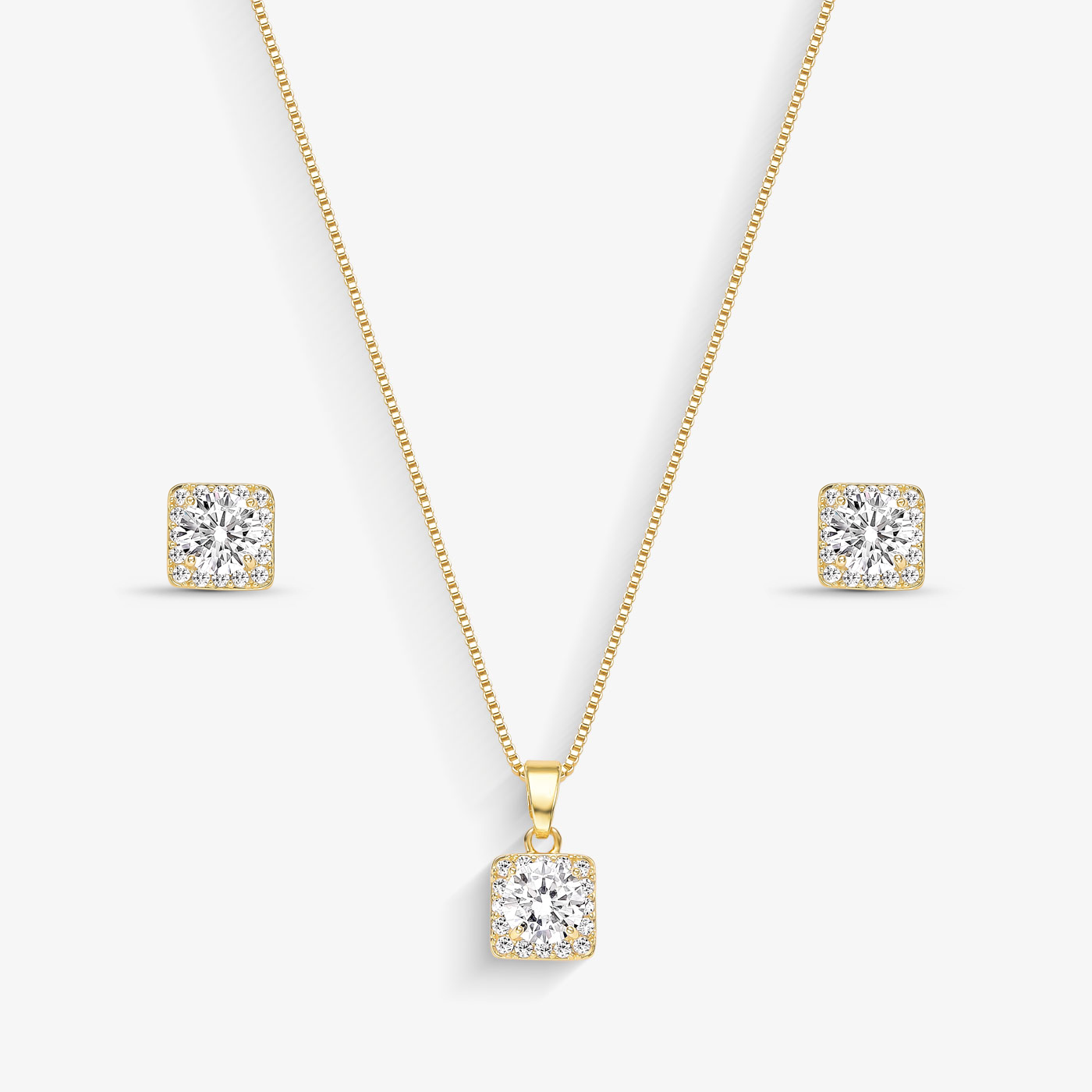 Conjunto Quadrado Cravejado com Zircônia ao meio Folheado a Ouro 18k