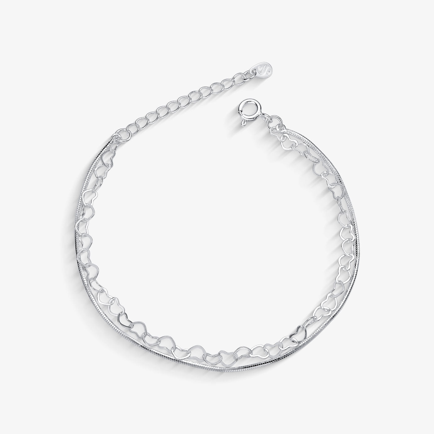 Pulseira Dupla Elo Coração Vazado Folheado a Prata