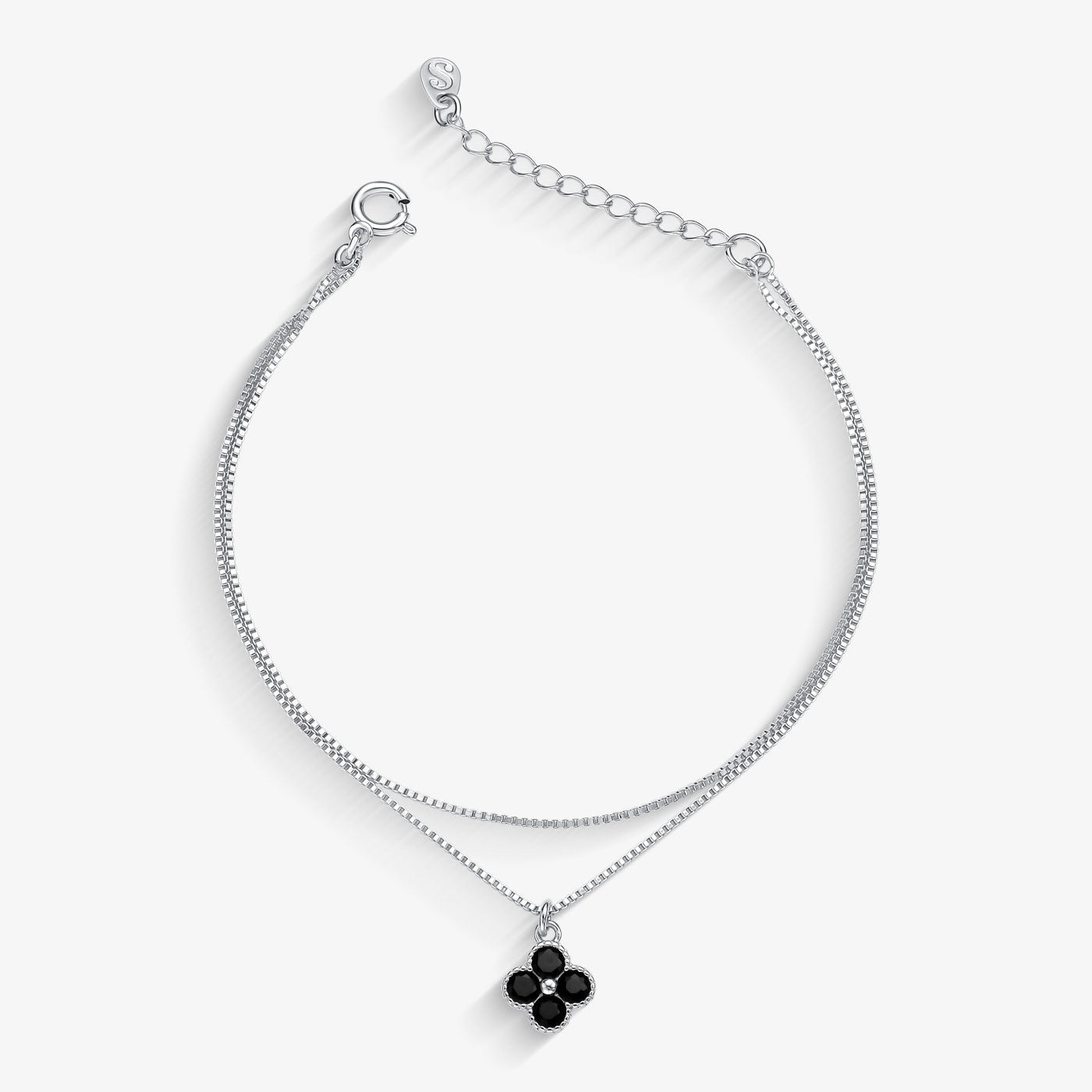 Pulseira Dupla Veneziana Trevo Preto Folheado a Prata