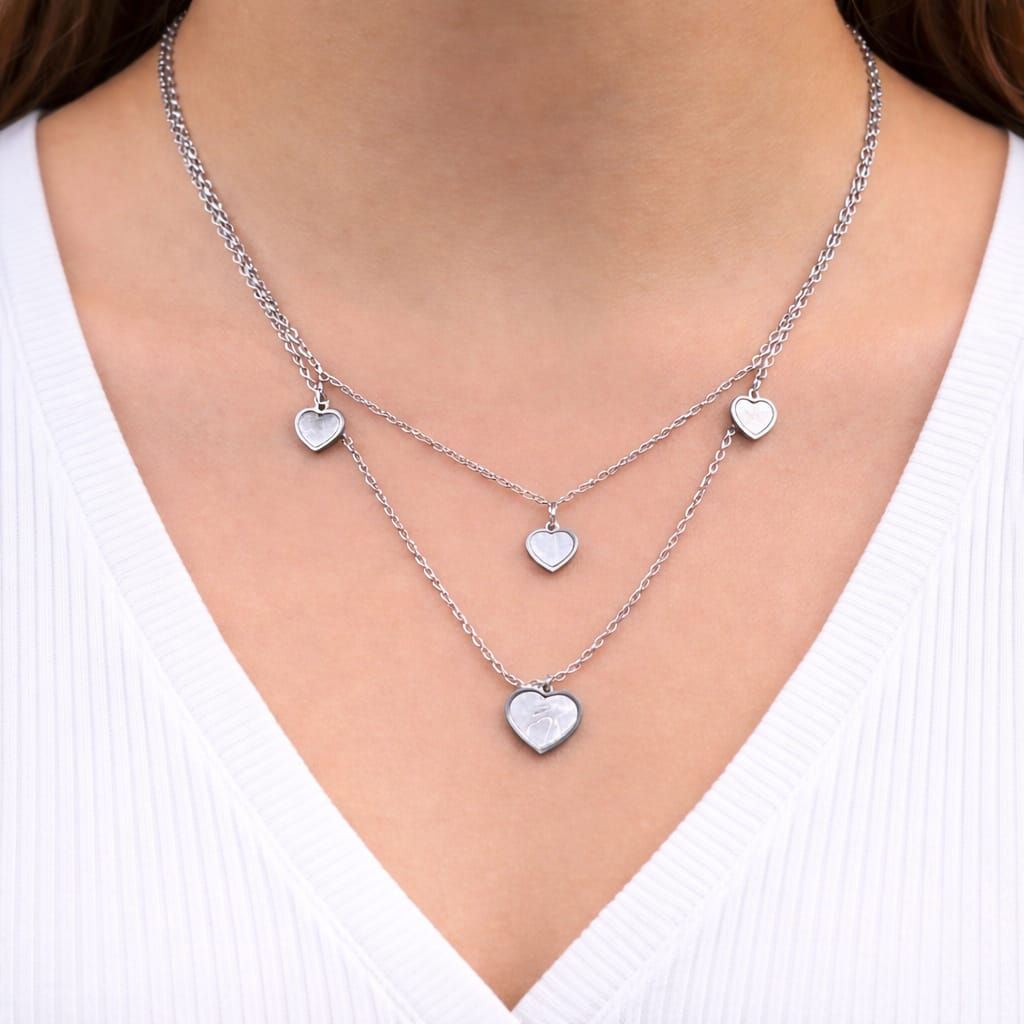 Colar Aço Veneziana Dupla com Pingentes de Coração Branco