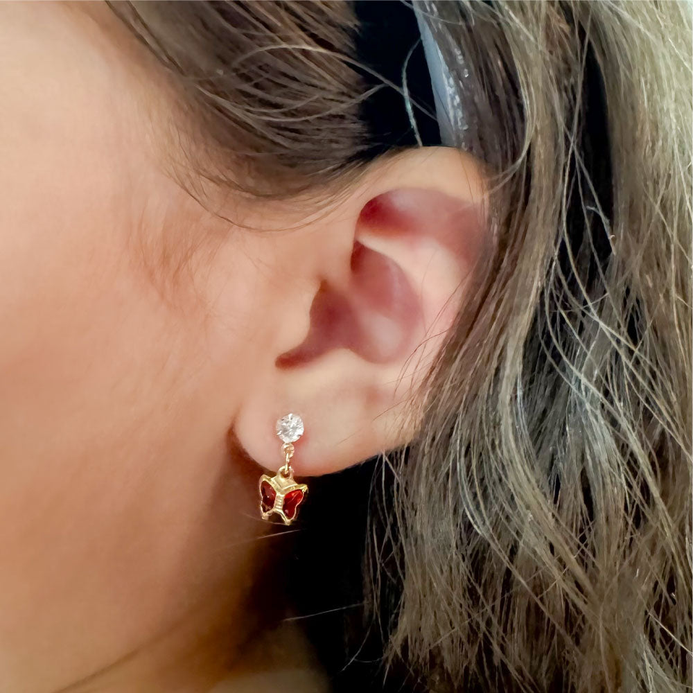 Brinco Infantil Borboleta Vermelha Folheado a Ouro 18k