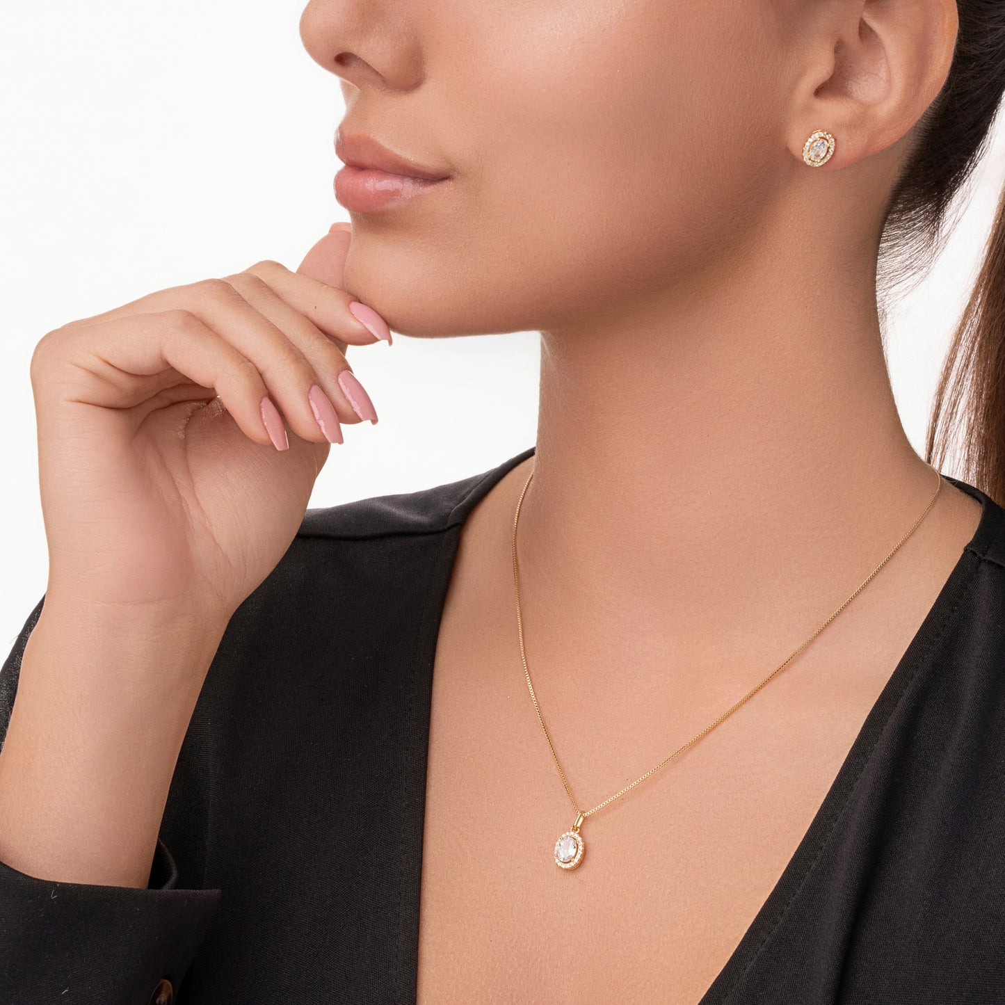 Conjunto Redondo Zircônia Cristal Folheado a Ouro 18k