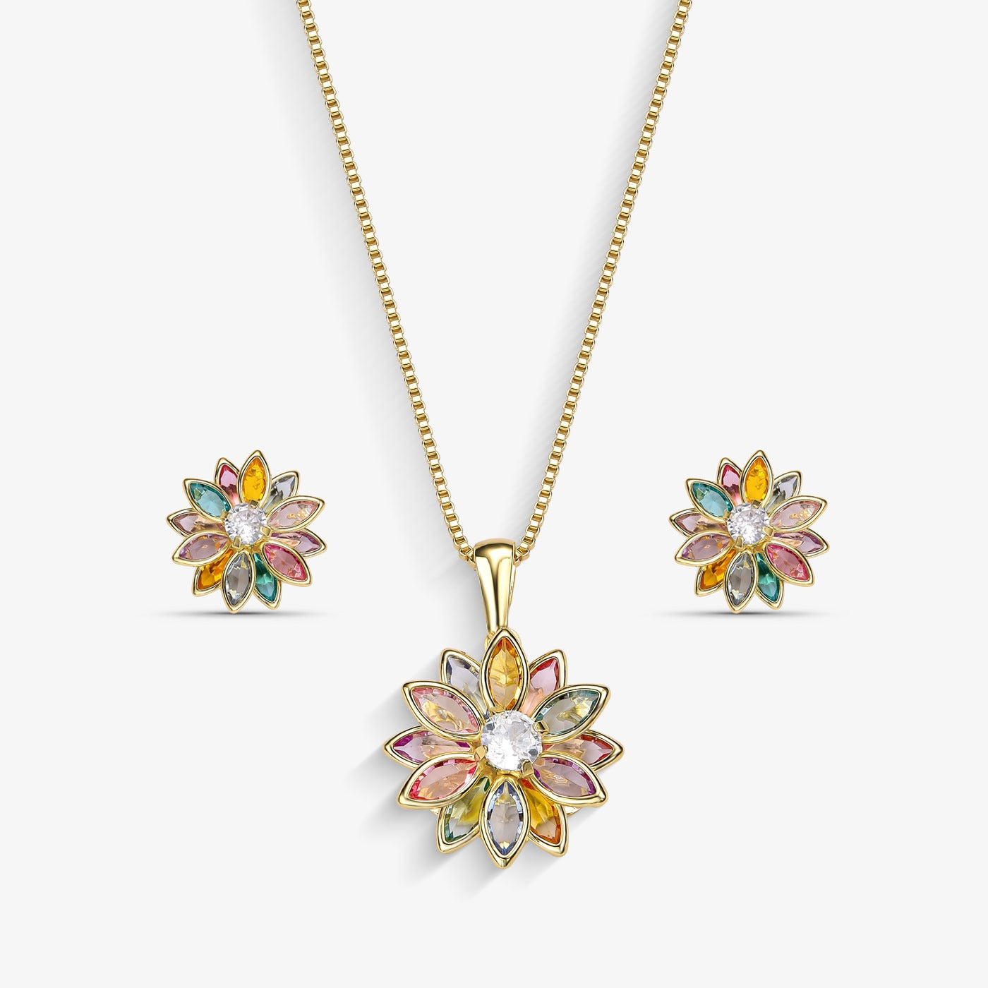 Conjunto Flor de Cristal Colorida Folheado a Ouro 18K
