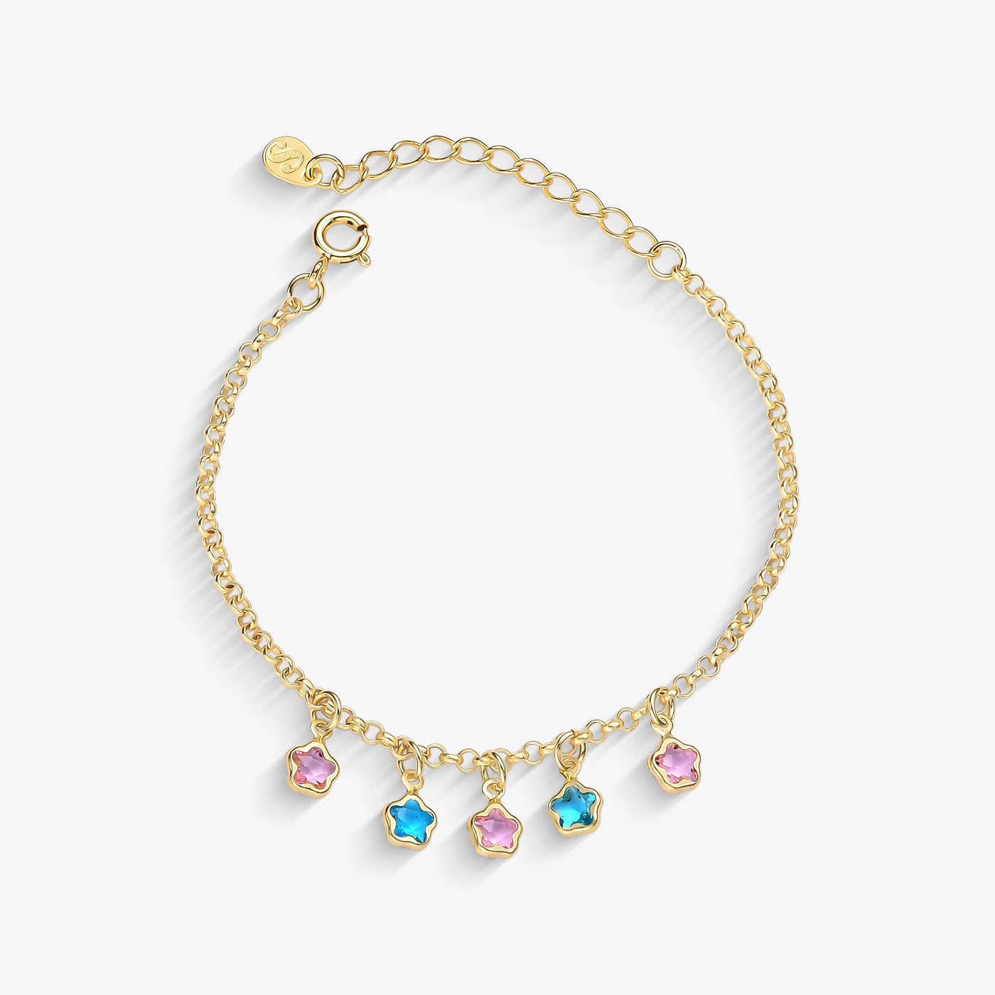 Pulseira Infantil Florzinha Rosa e Azul Folheado a Ouro18k
