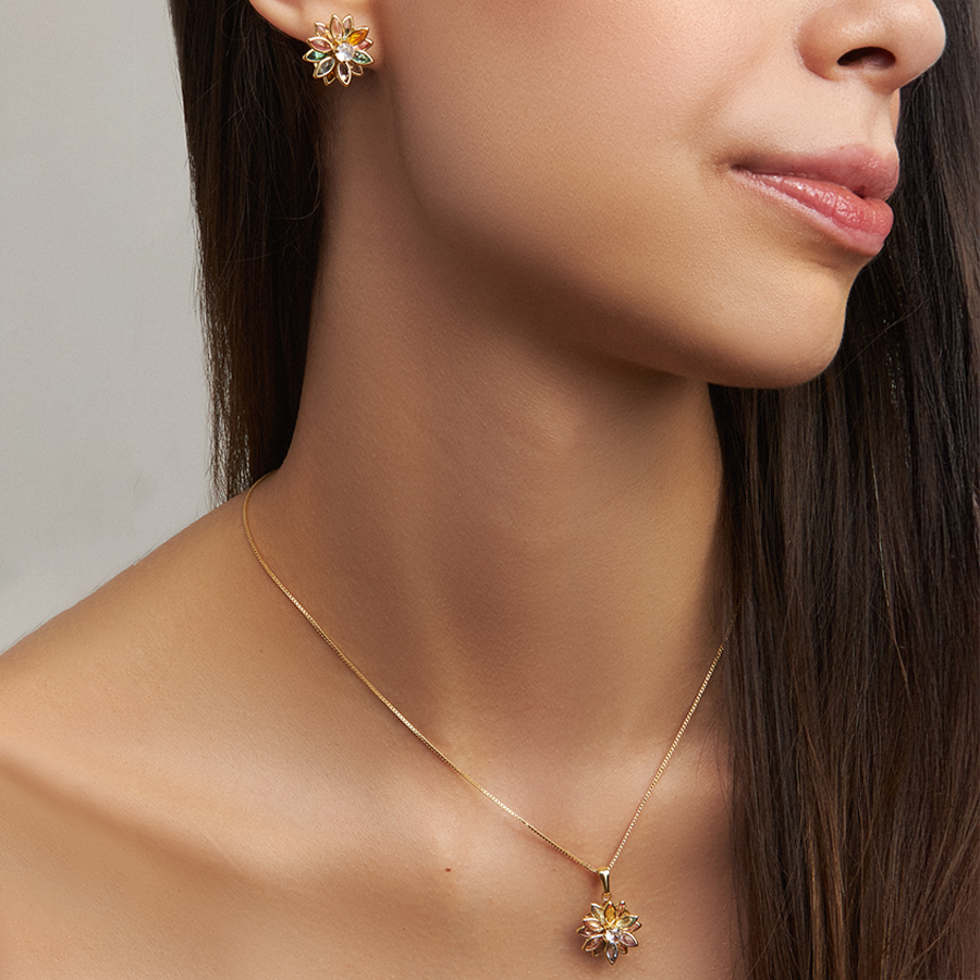 Conjunto Flor de Cristal Colorida Folheado a Ouro 18K