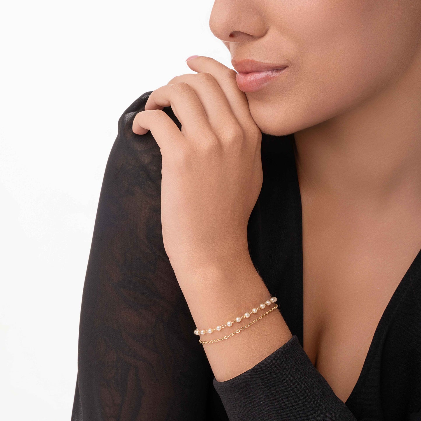 Pulseira Dupla Com Pérolas Folheado a Ouro18k