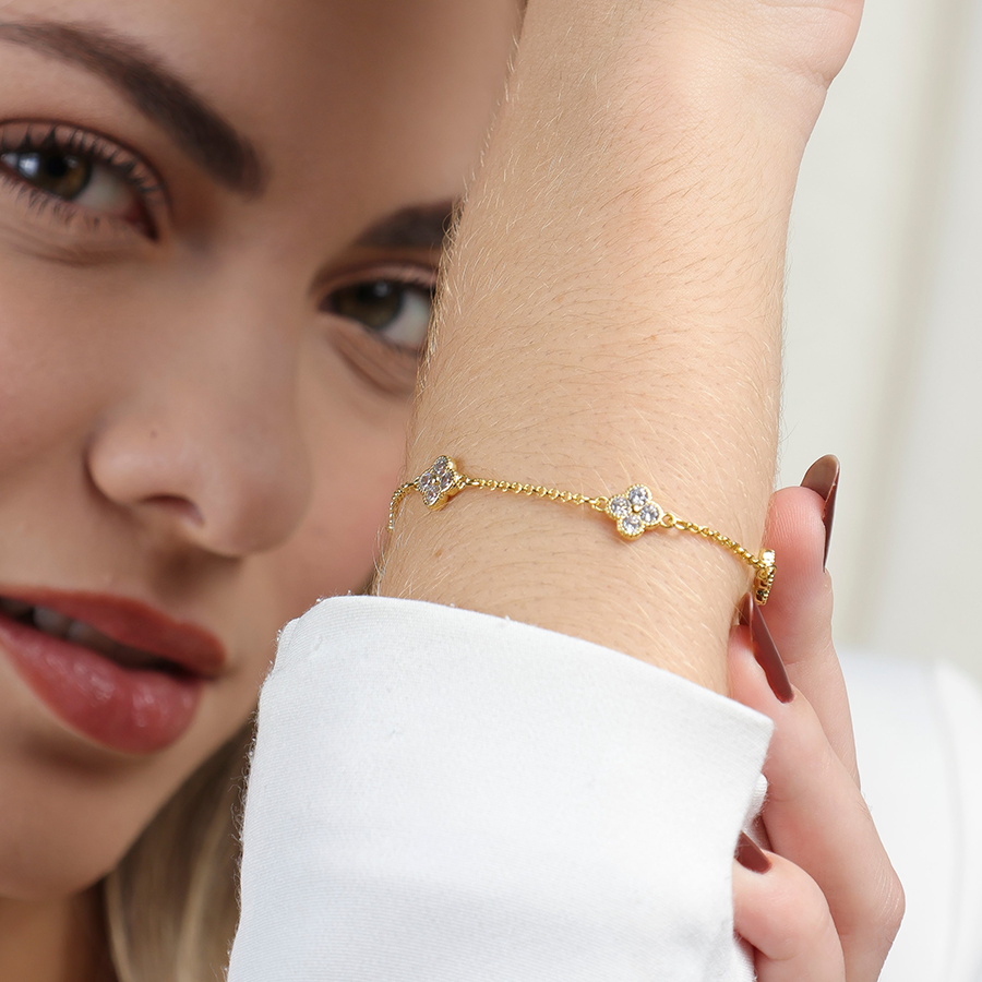 Pulseira Cristal Quatro Trevos Folheado a Ouro 18k