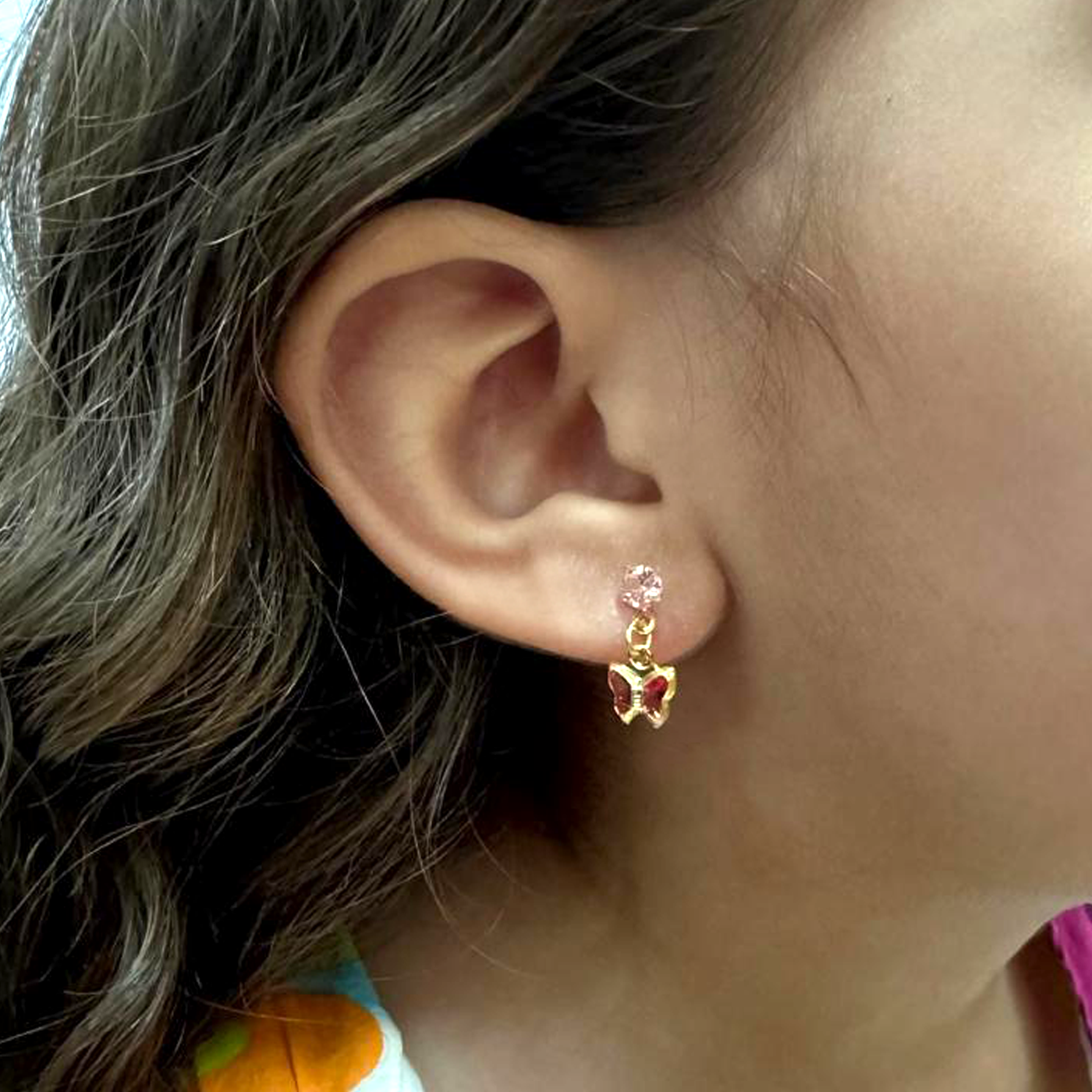 Brinco Infantil Borboleta Rosa Folheado a Ouro 18k