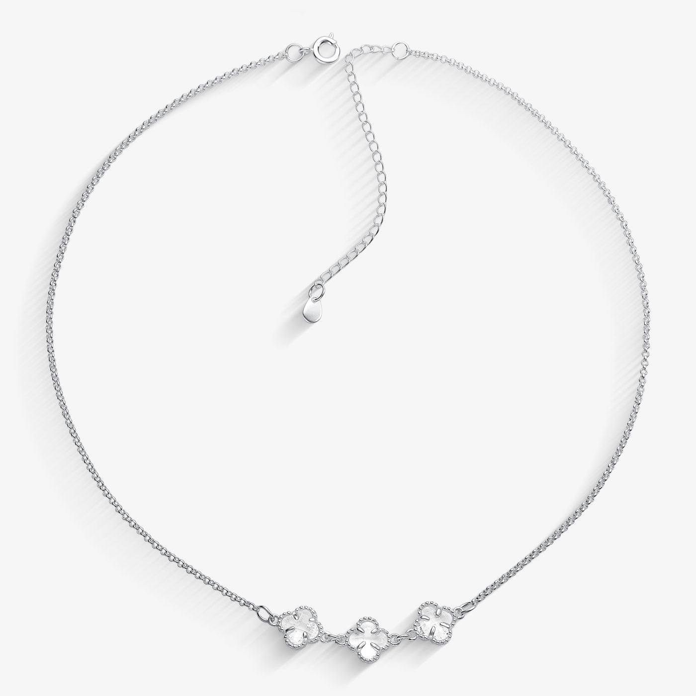 Choker Três Trevos Cristal Elo Português Folheado a Prata