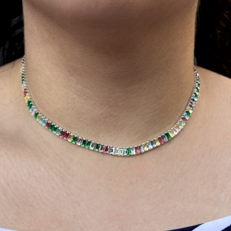 Choker Riviera Retangular Colorida Folheado a Prata