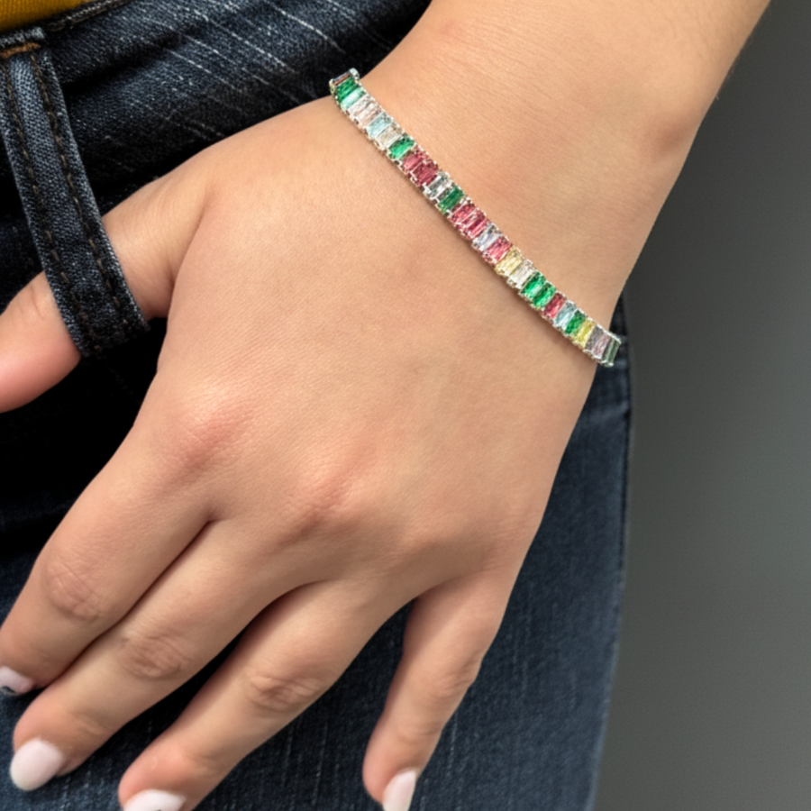 Pulseira Rivieira Retangular Colorida Folheado a Prata