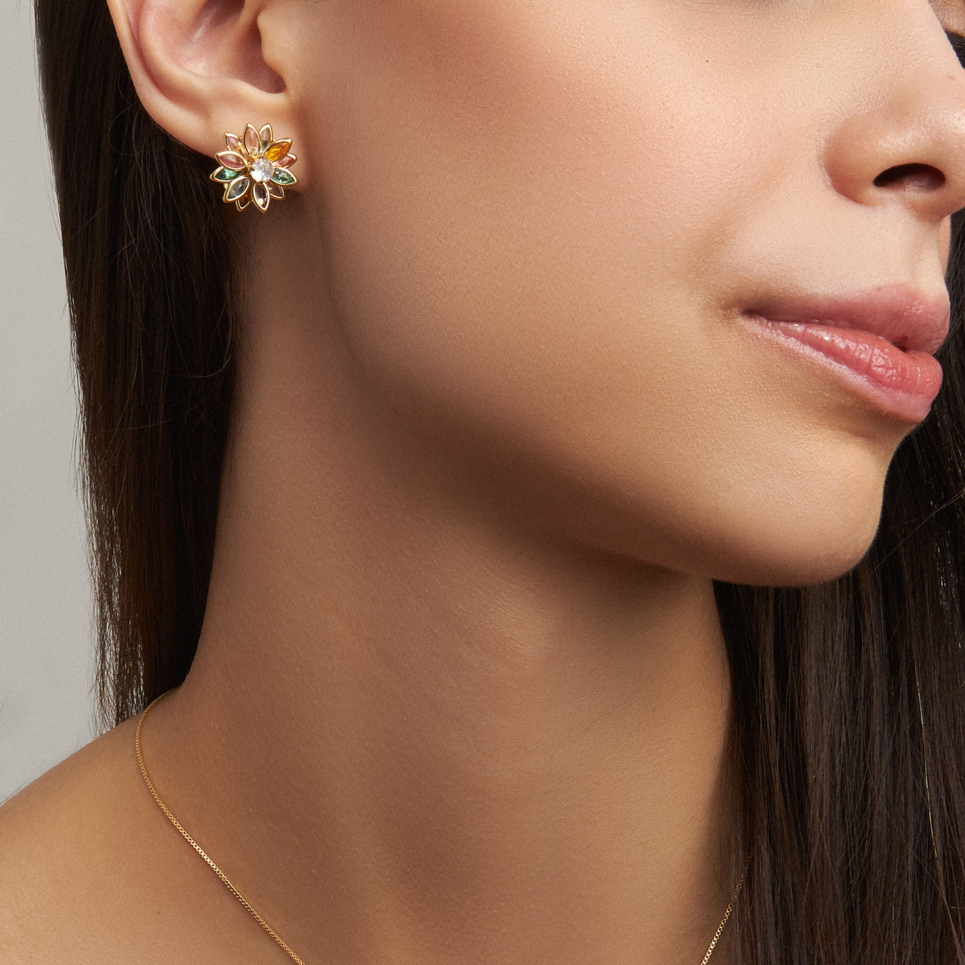 Conjunto Flor de Cristal Colorida Folheado a Ouro 18K