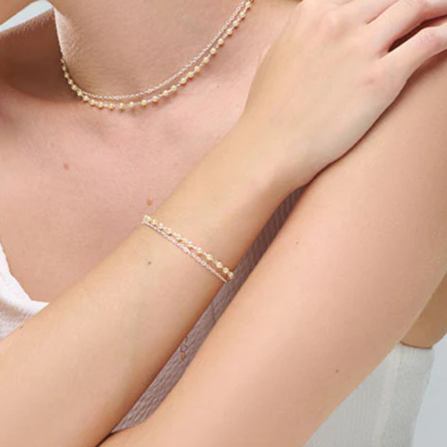 Pulseira Dupla Com Pérolas Folheado a Prata