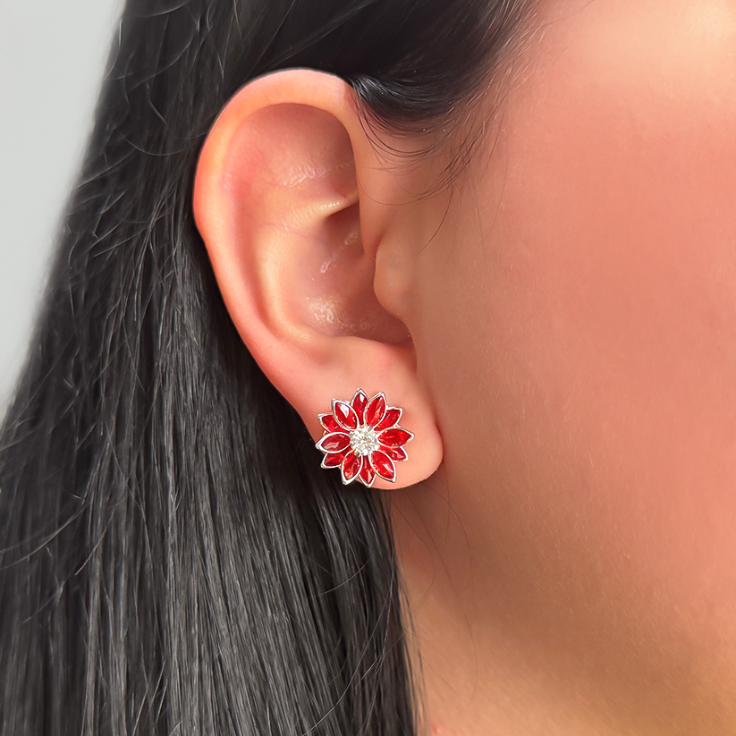 Brinco Flor de Cristal Vermelho Folheado a Prata