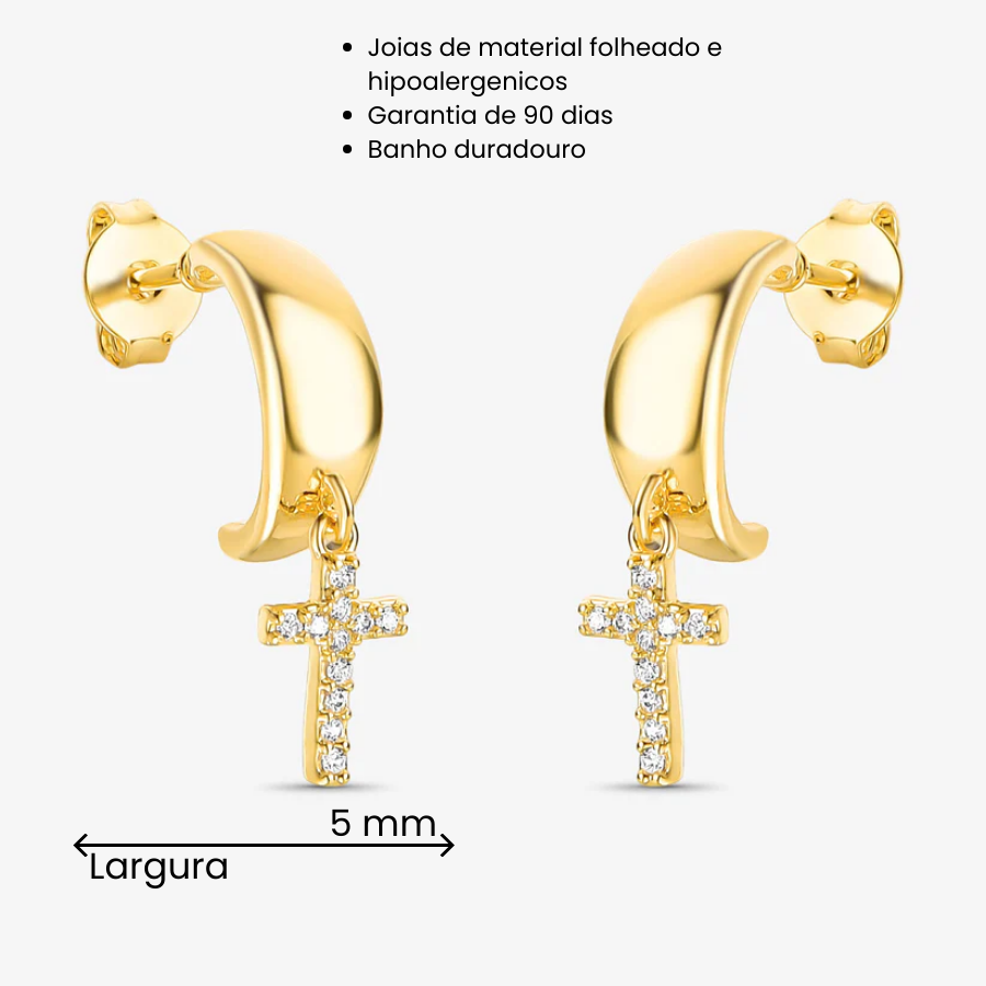 Argola Com Cruz Cravejada Folheado a Ouro 18k