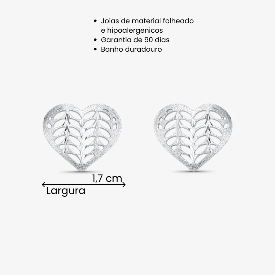 Brinco Coração Folhas Vazadas Folheado a Prata