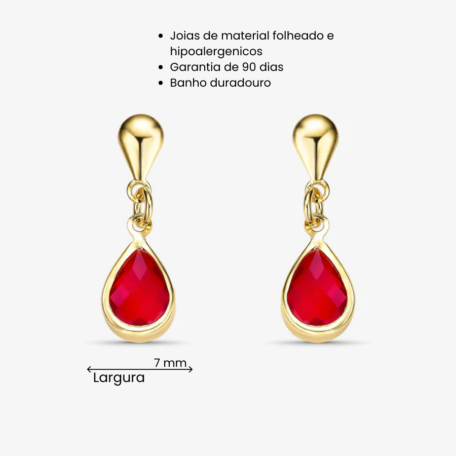 Brinco Gota Vermelha Vidro com Borda Folheado a Ouro 18k