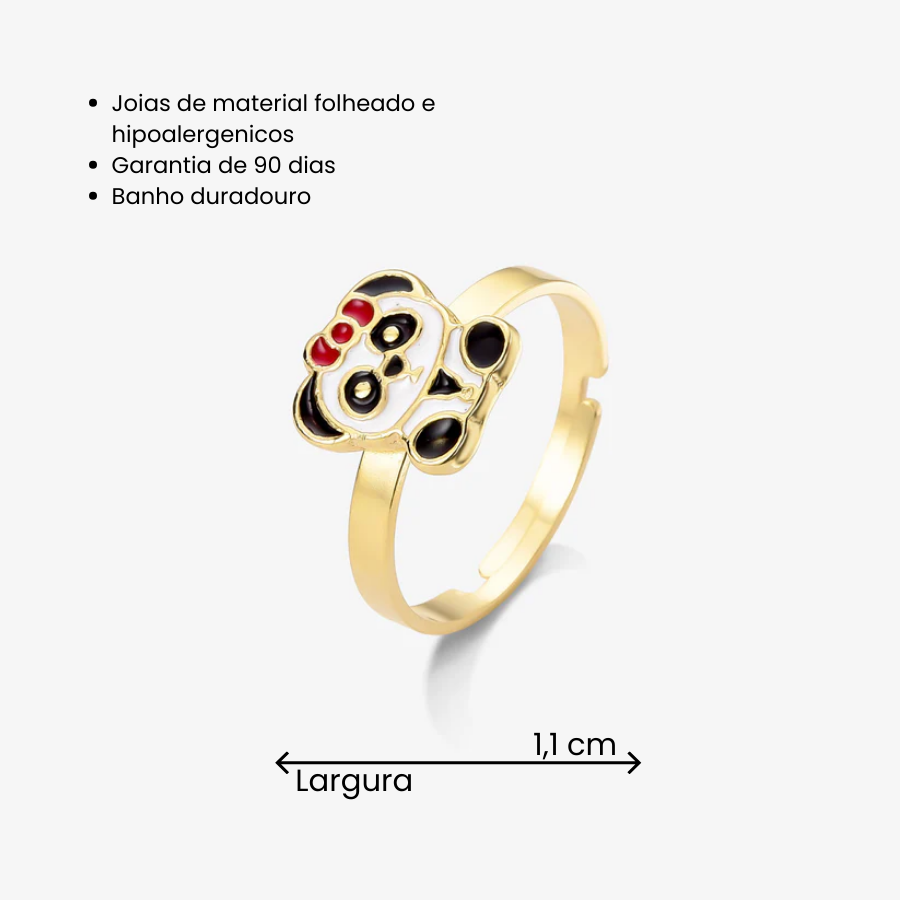 Anel Infantil Regulável Panda Folheado a Ouro 18k