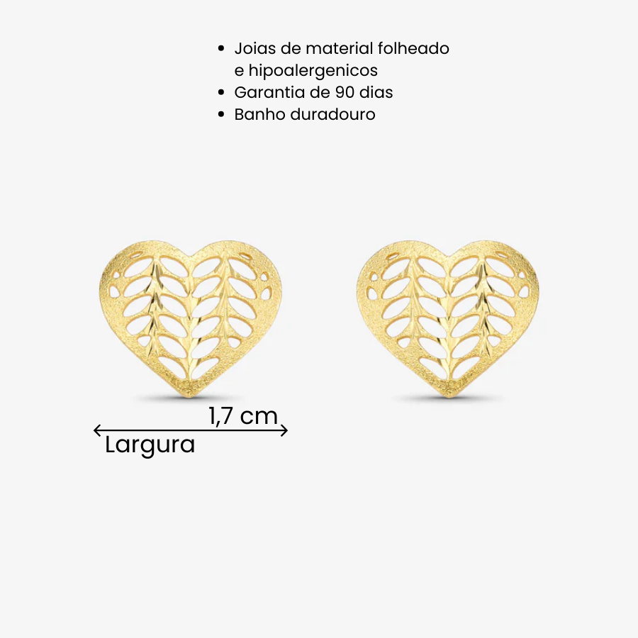 Brinco Coração Folhas Vazadas Folheado a Ouro 18k