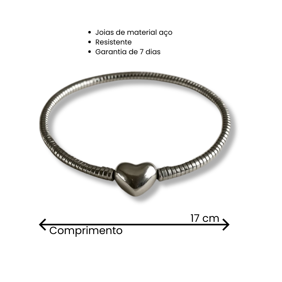 Pulseira Aço Berloque Fecho de Coração
