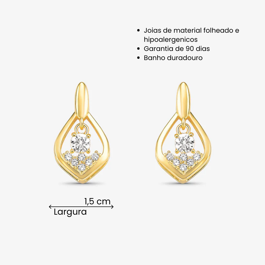 Brinco Gota Vazada Com Zircônia ao Centro Folheado a Ouro 18k
