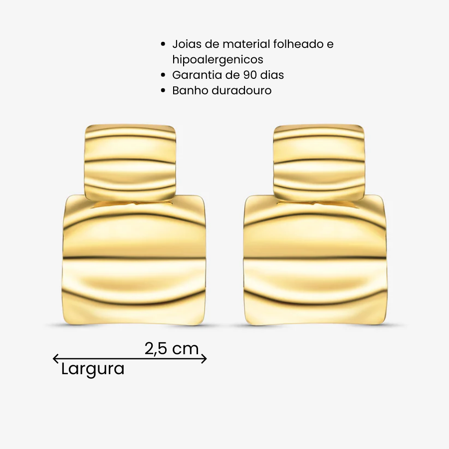 Brinco Orgânico Quadrado Ondulado Folheado a Ouro 18k