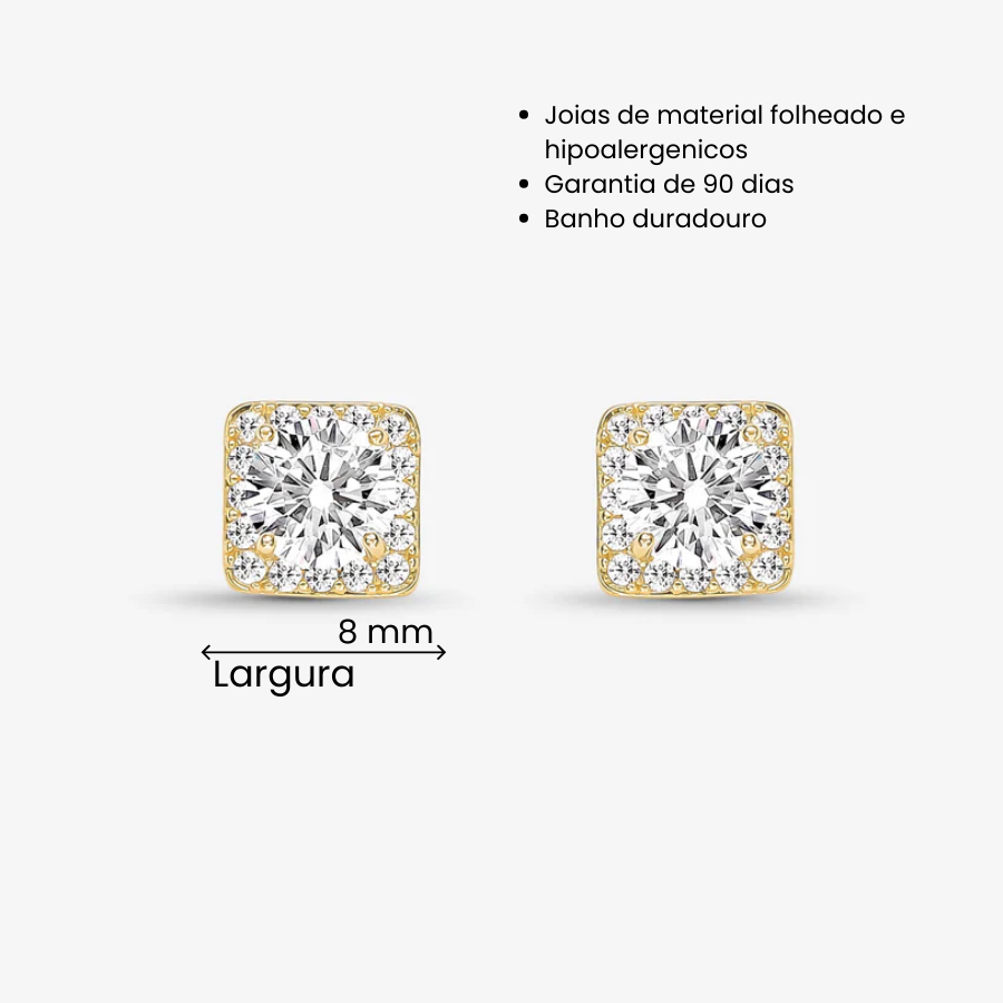 Brinco Quadrado Cravejado com Zirconia ao Meio Folheado a Ouro 18k