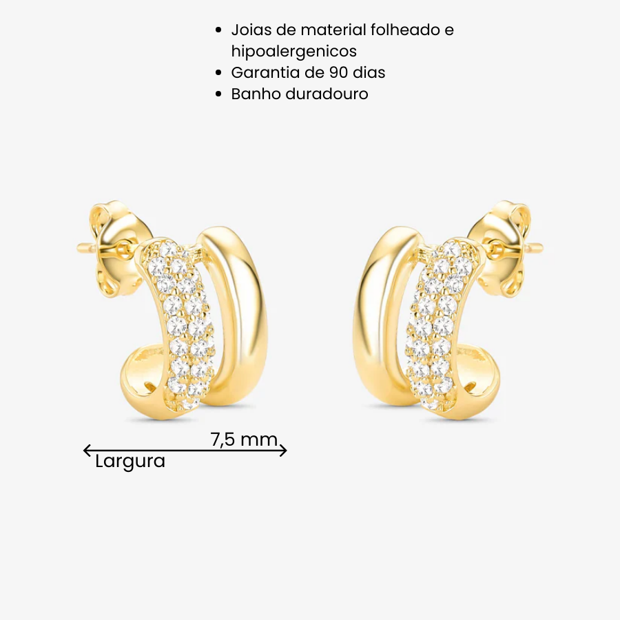 Brinco Duas Voltas Borda Cravejada Folheado a Ouro 18k