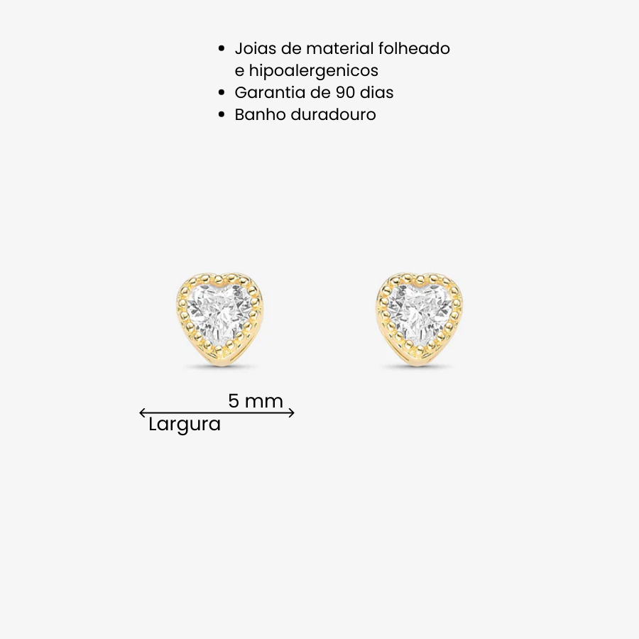 Brinco Mini Coração Cravejado Folheado a Ouro 18K