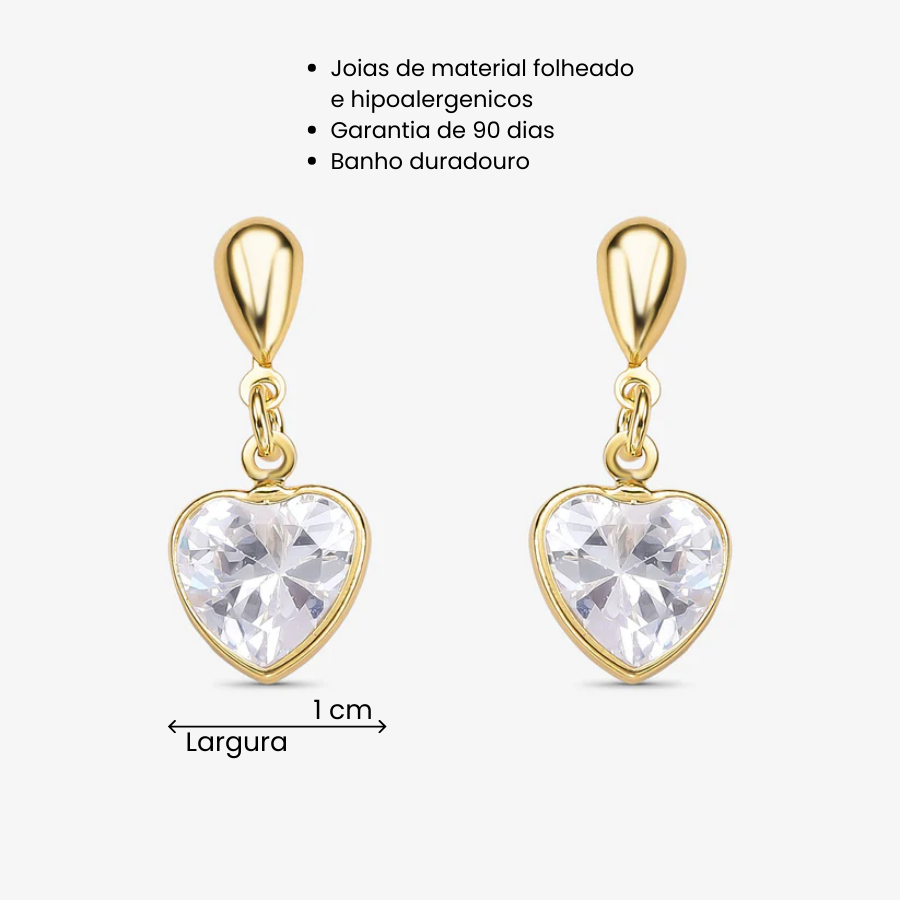 Brinco Coração de Cristal Folheado a Ouro 18K