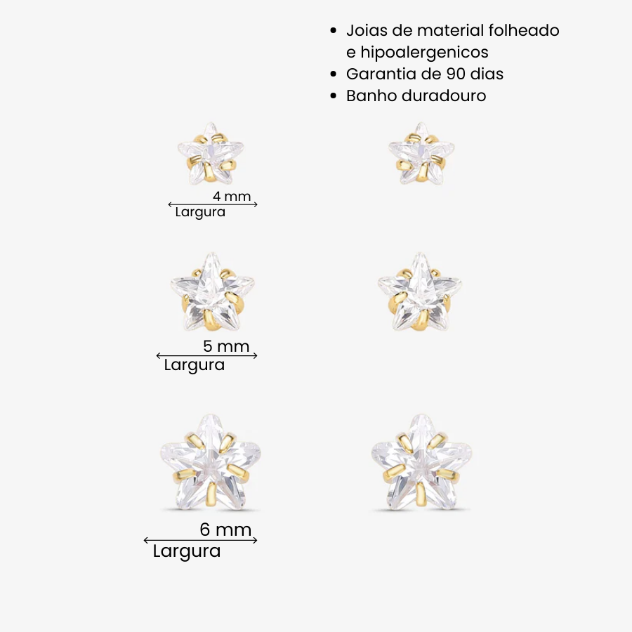 Brinco Trio de Estrelas Zircônia Folheado a Ouro 18K