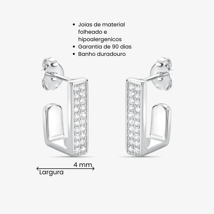 Brinco Argola Quadrada Borda Cravejada Folheado a Prata