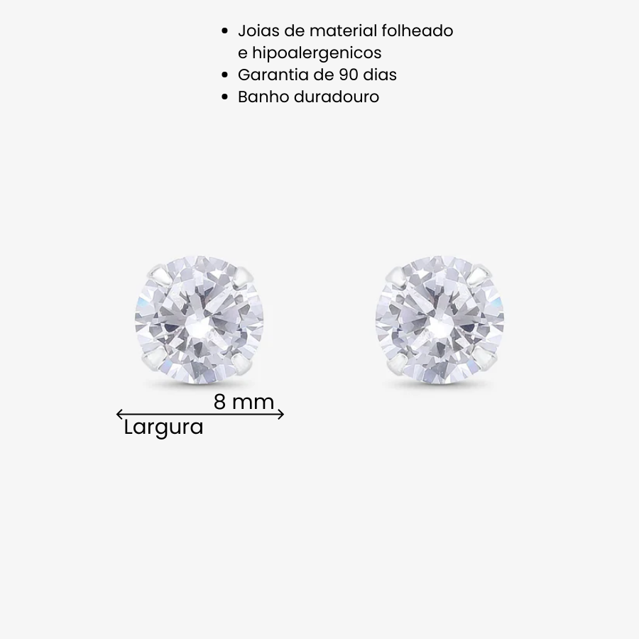 Brinco Zircônia Redonda 8mm Folheado a Prata