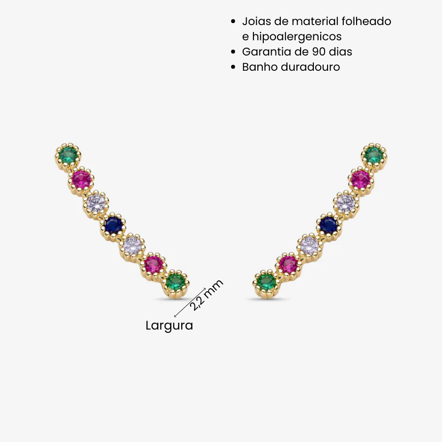 Brinco Lateral Pedras Coloridas Folheado a Ouro 18K