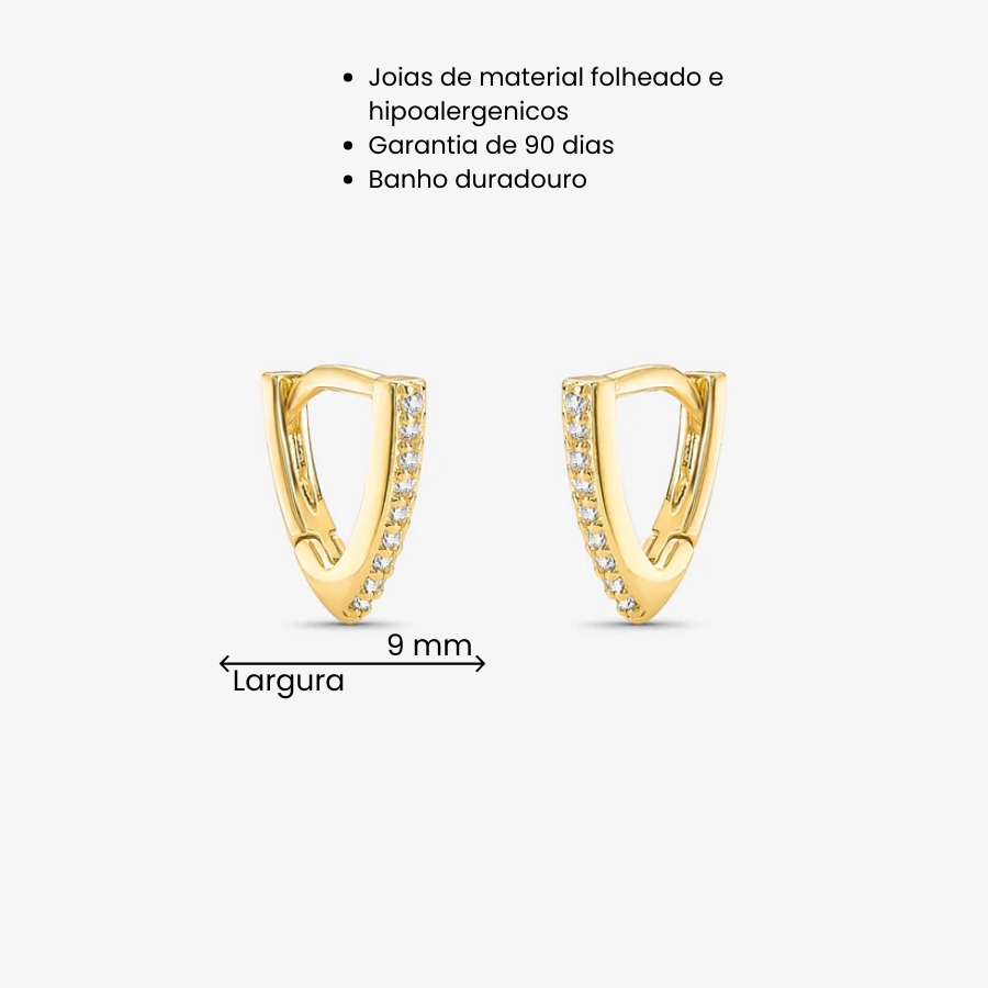 Brinco Argola Triângular Cravejada Folheado a Ouro 18k