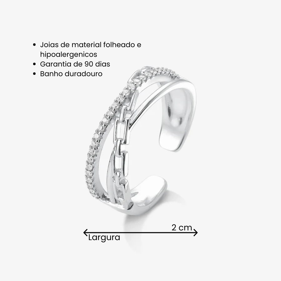 Anel Regulável Triplo Corrente Cravejada Folheado a Prata