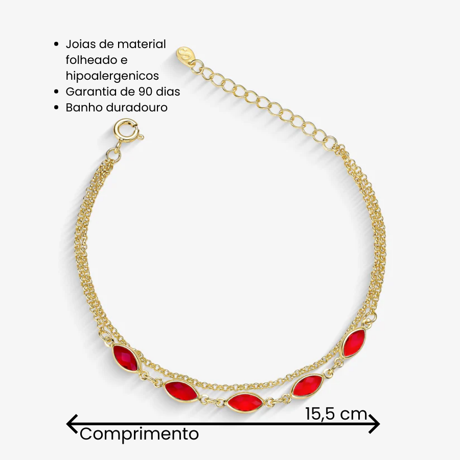 Pulseira Dupla Navetes Vermelho Folheado a Ouro 18k