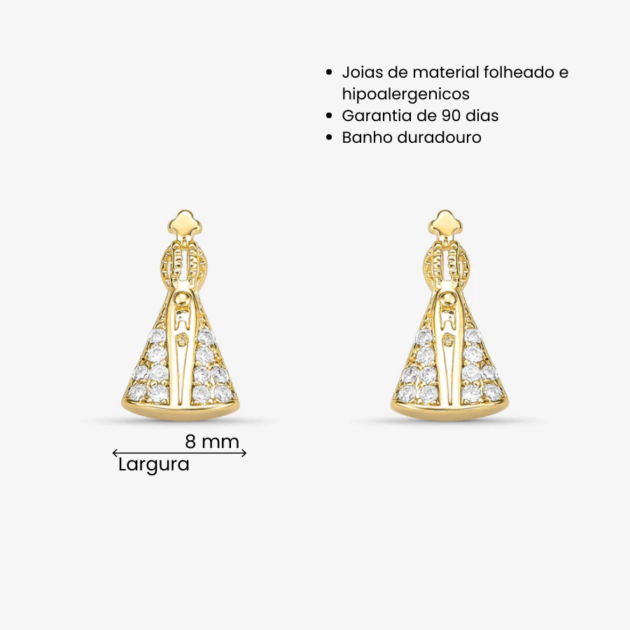 Brinco Nossa Senhora Aparecida Cravejada Folheado a Ouro 18k