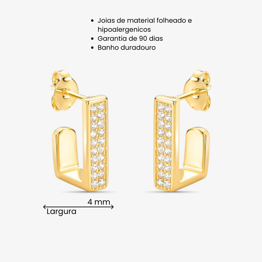 Brinco Argola Quadrada Borda Cravejada Folheado Ouro 18k