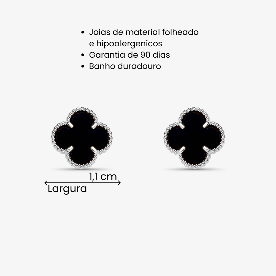 Brinco Trevo Preto Folheado a Prata