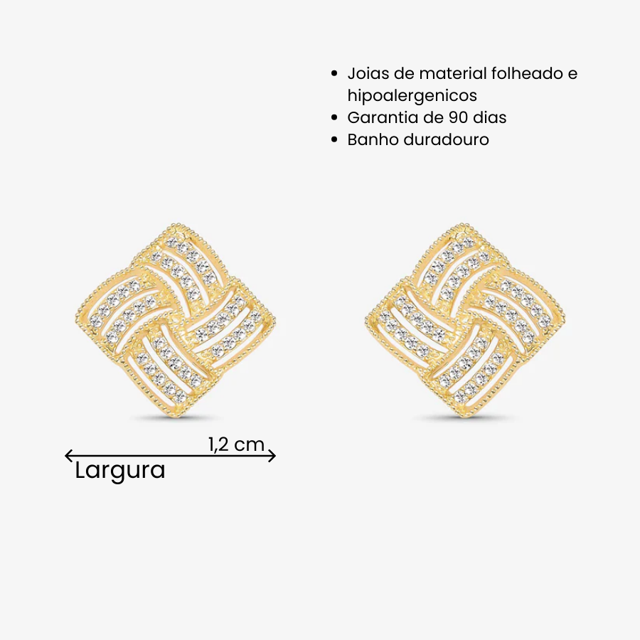 Brinco Quadrado Entrelaçado cravejado Folheado a Ouro 18k