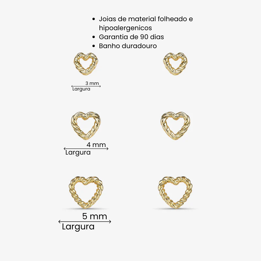 Brinco Trio Coração Folheado a Ouro 18k