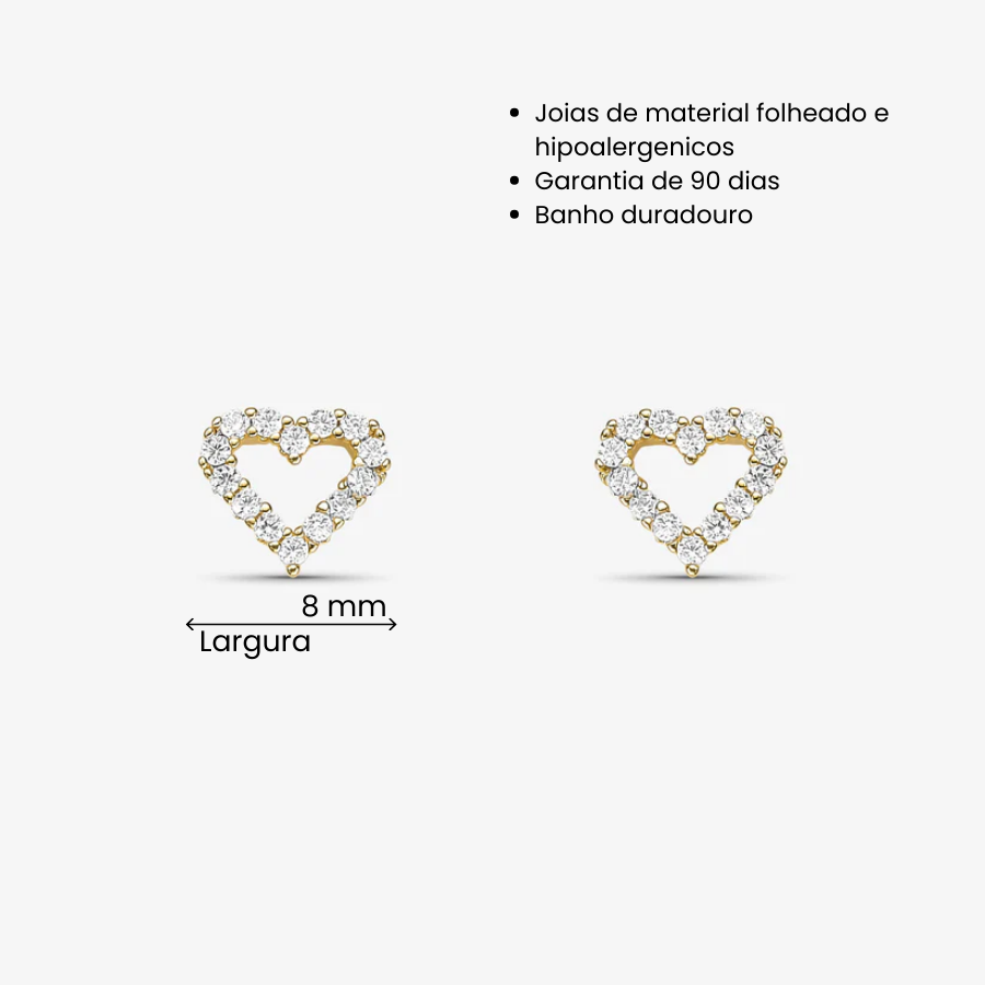 Brinco Coração Vazado Cravejado Folheado a Ouro 18k