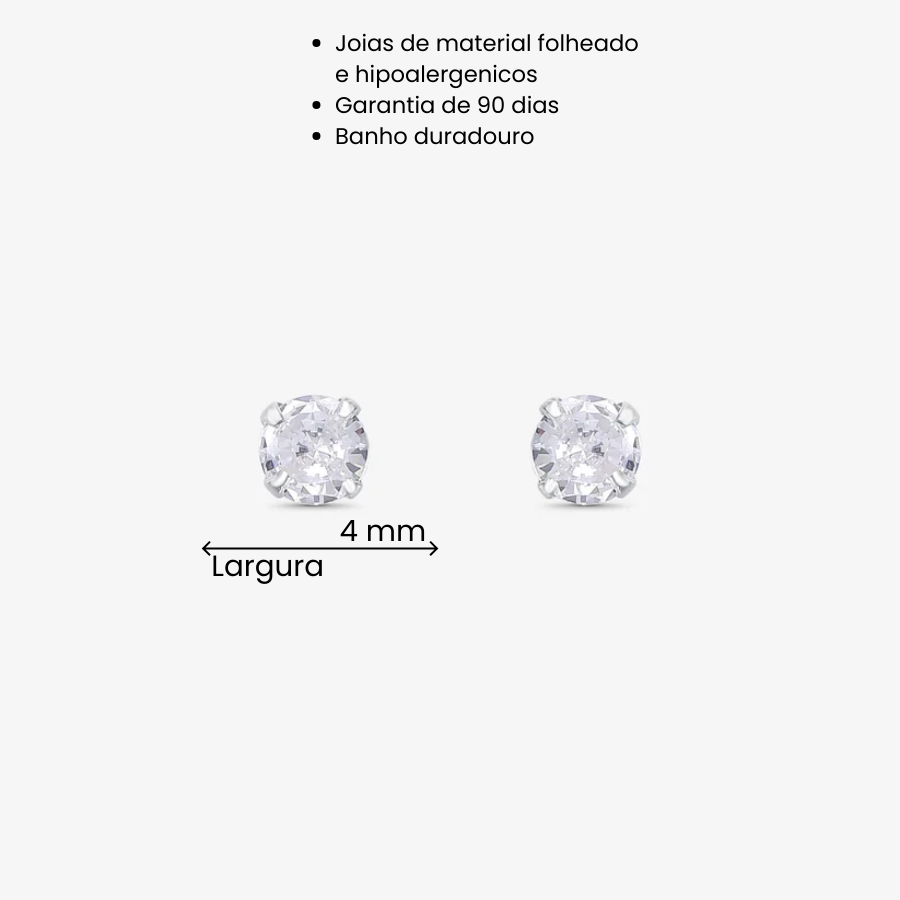 Brinco Zircônia Redonda 4mm Folheado a Prata