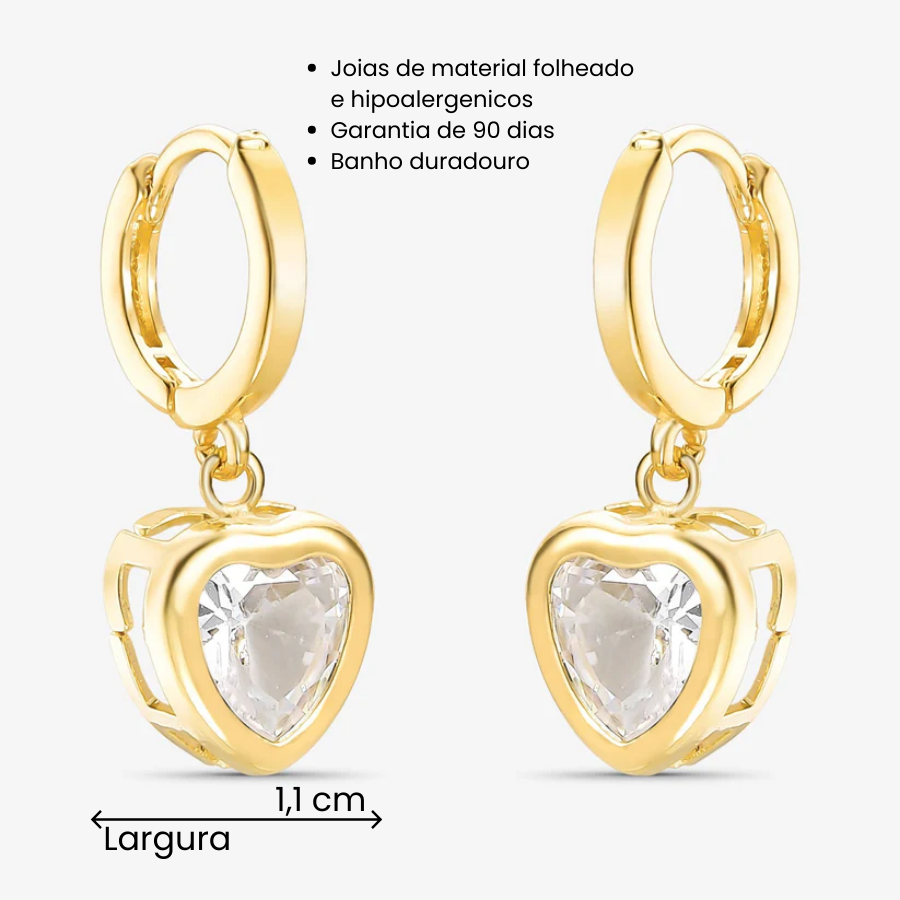 Brinco Argola Coração de Cristal Vazado Folheado a Ouro 18k