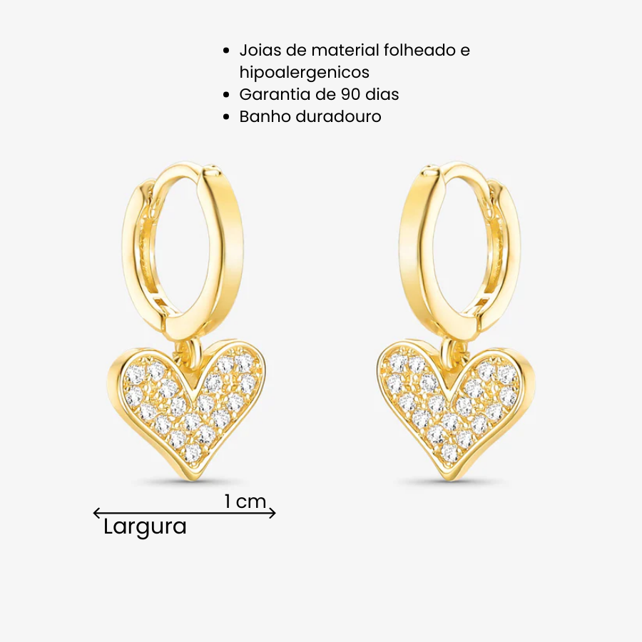 Brinco Argola Coração Cravejado Folheado a Ouro 18K